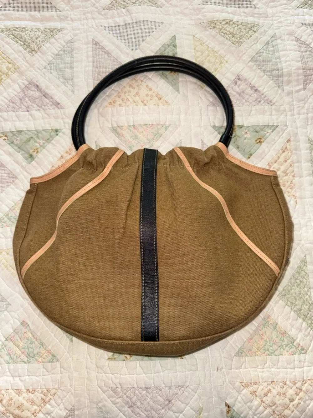 Longchamp Paris Canvas & Leather Tote Bag Made in France Tan Black Bag